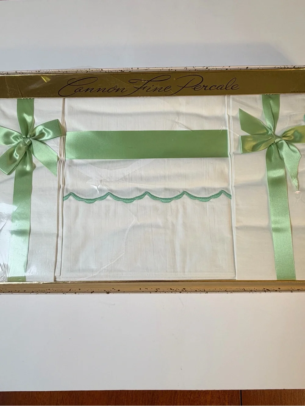 Vtg Cannon Fine Percale Full Flat Sheet 2 Pillowcases NOS Boxed Green Scalloped